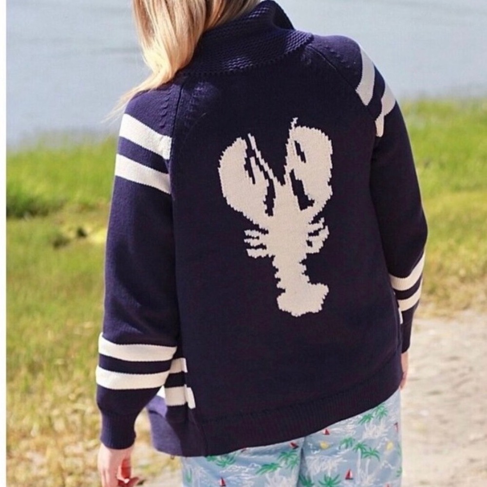 J.Crew 2020 Navy Blue Lobster Full Zip Knit Sweater Jacket SZ M Coastal Nautical